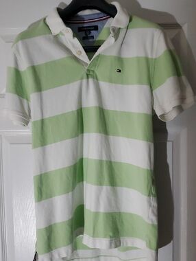 Tommy Hilfiger Light Green and White Horizontal Stripe Polo